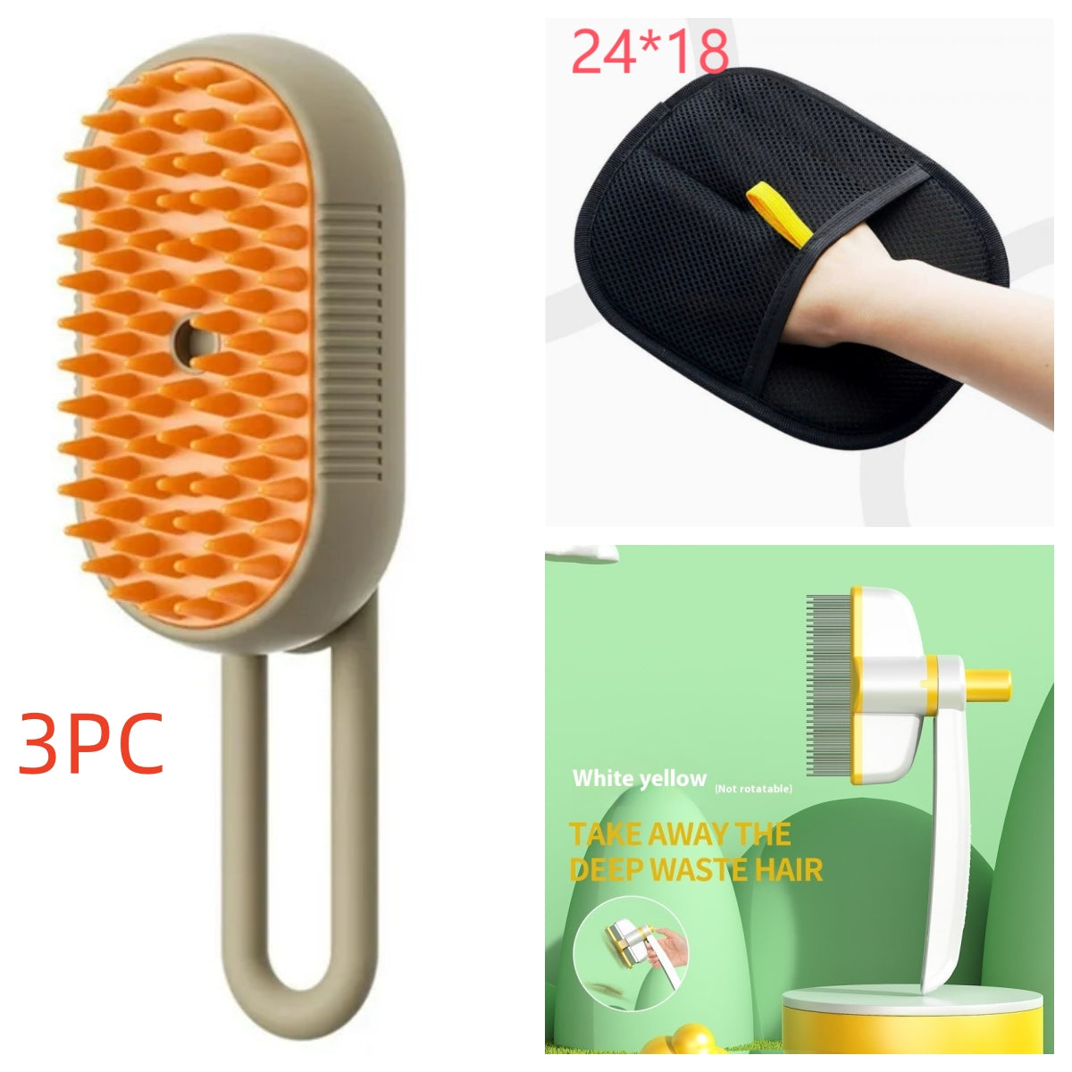 Pet grooming brush with orange bristles, black massage pad, and packaging on a white background.