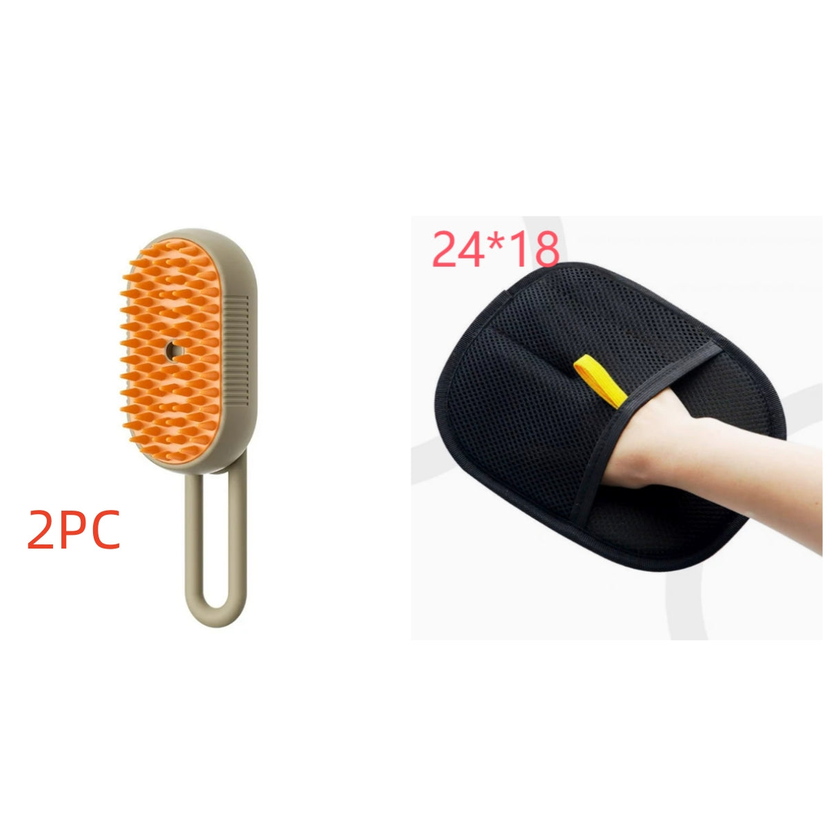 Black foot scrubber and orange brush with dimensions and quantity text on a white background